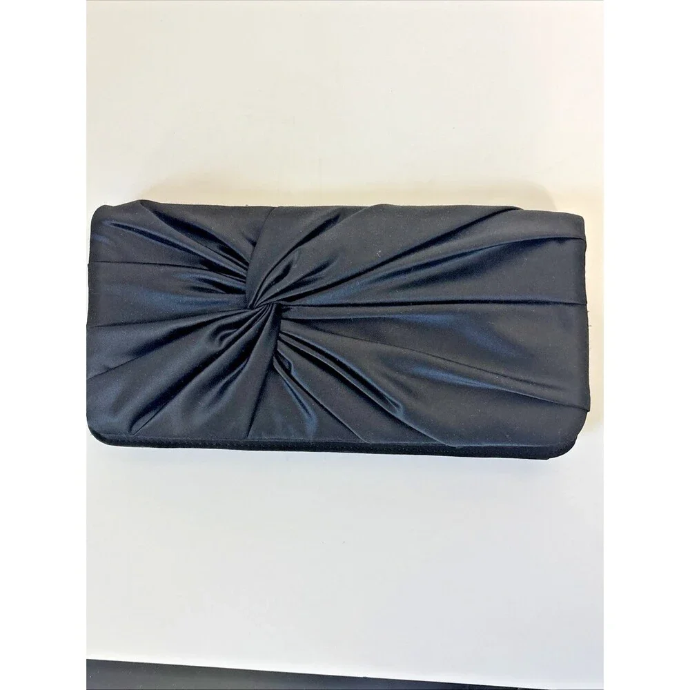 White House Black Market Black Satin Twist Front Evening Clutch w/Silver Chain - Picture 11 of 16